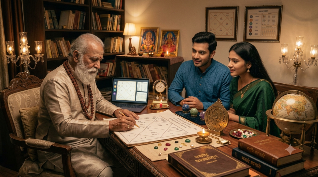 Astrologer consulting couple with birth chart, kundli and vedic astrology tools