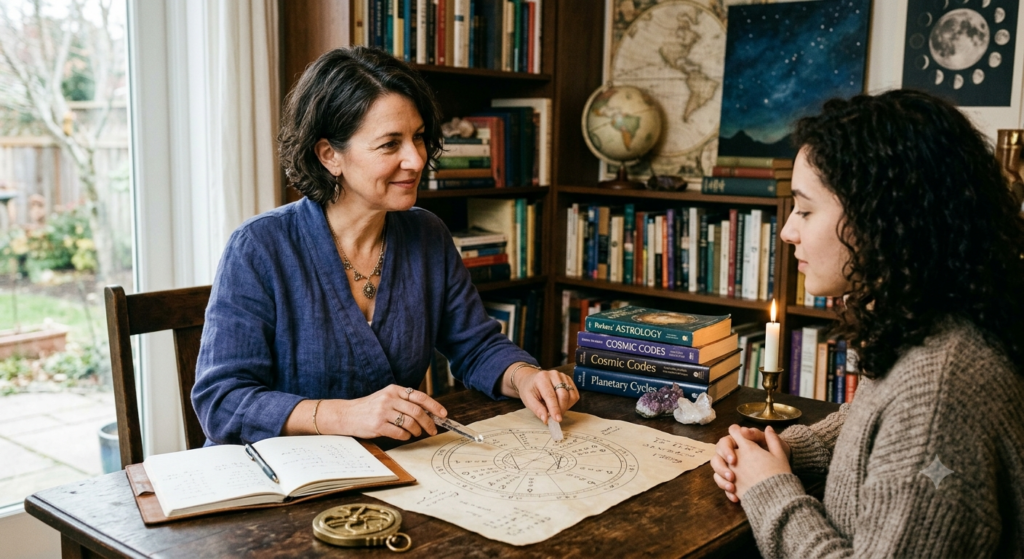 Astrologer explaining natal birth chart to client during astrology consultation session