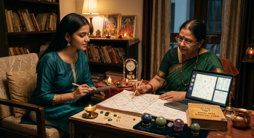 Pt. Rajendra Purohit, best astrologer in Jodhpur, explaining birth chart and kundli analysis to a client with digital horoscope software and Vedic astrology tools