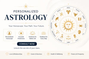 Personalized astrology consultation banner with zodiac wheel showing all 12 rashi signs