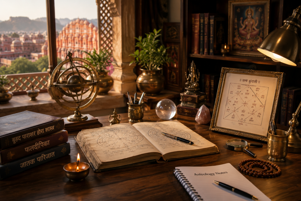 Best astrologer in Jaipur consultation desk with Kundli chart, Vedic astrology books and Hawa Mahal view