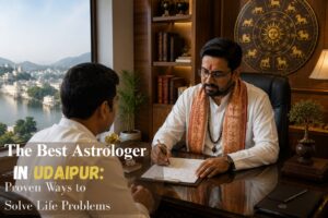 Astrologer in a white kurta and scarf examines a birth chart with a client in a wood-paneled office, zodiac wheel on the wall behind.