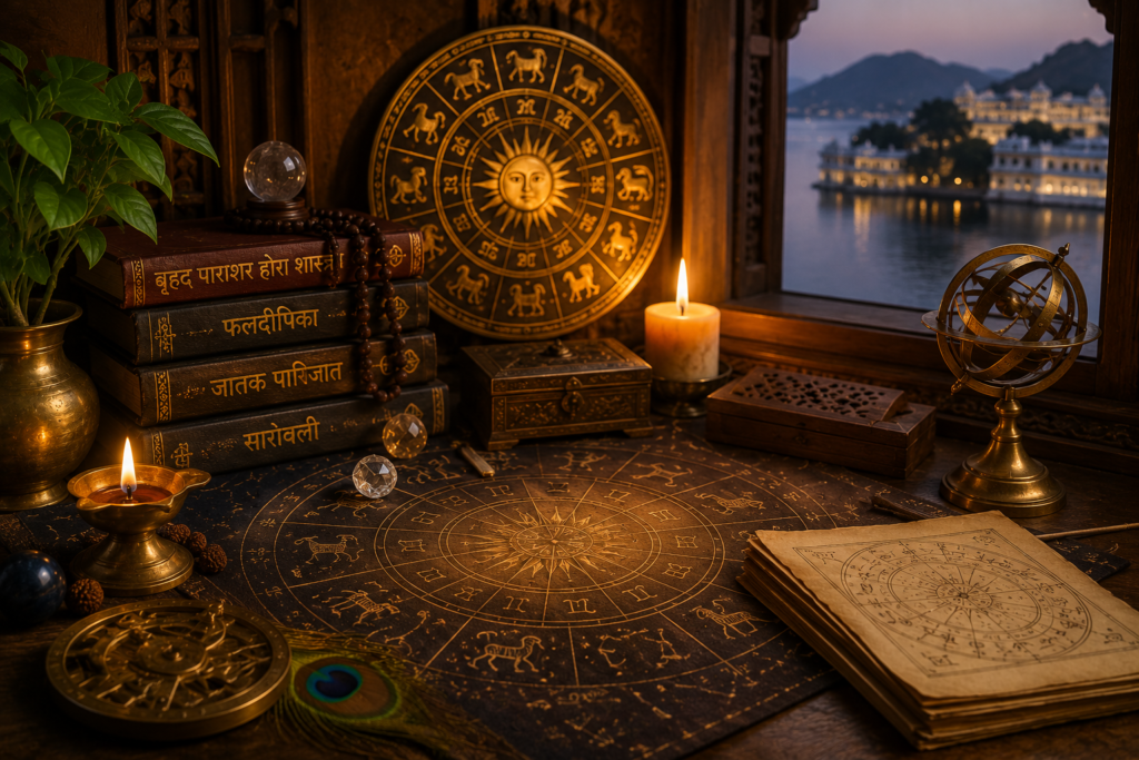 Vedic astrology zodiac chart with ancient books and Udaipur lake view at dusk