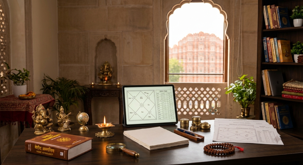 Best Astrologer in Jaipur consultation desk with Kundli chart and Vedic astrology books near Hawa Mahal