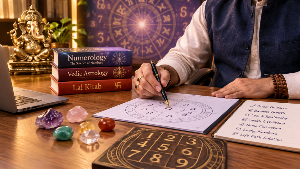 Best Numerologist in Jodhpur analyzing birth chart with numerology books and gemstones
