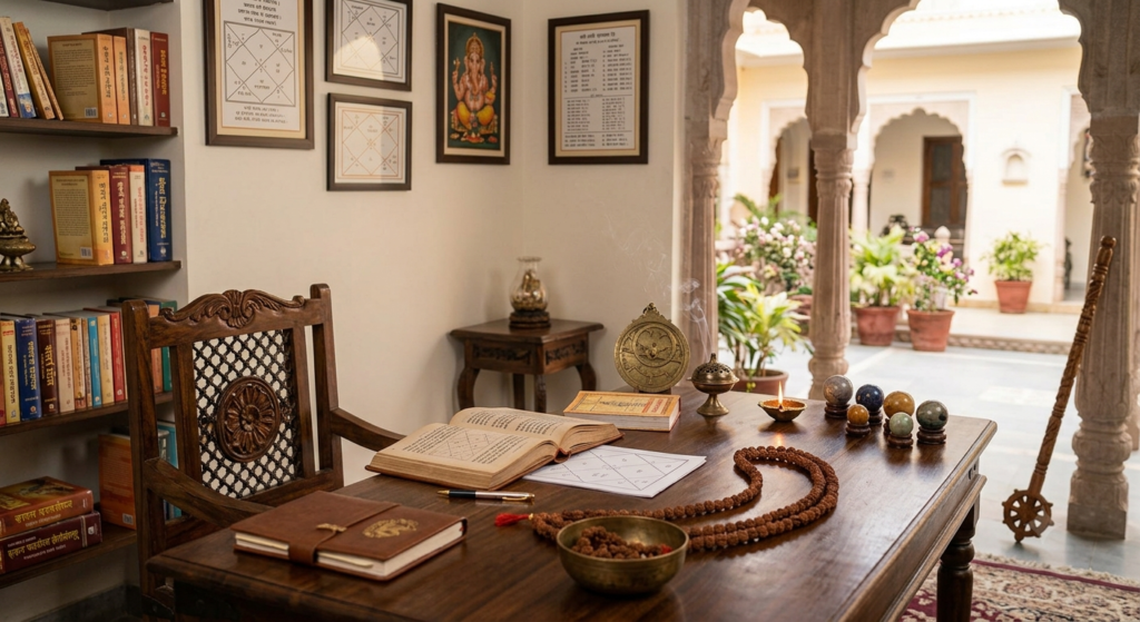 Best Vedic astrologer in Jaipur consultation desk with kundli charts and rudraksha mala