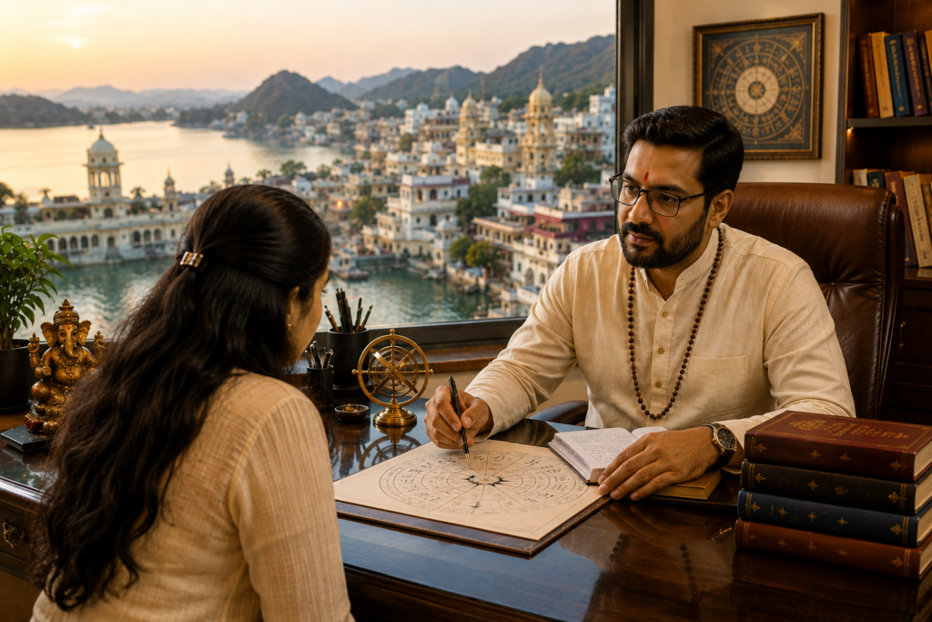 Best Astrologer in Udaipur explaining birth chart to client with Udaipur city view
