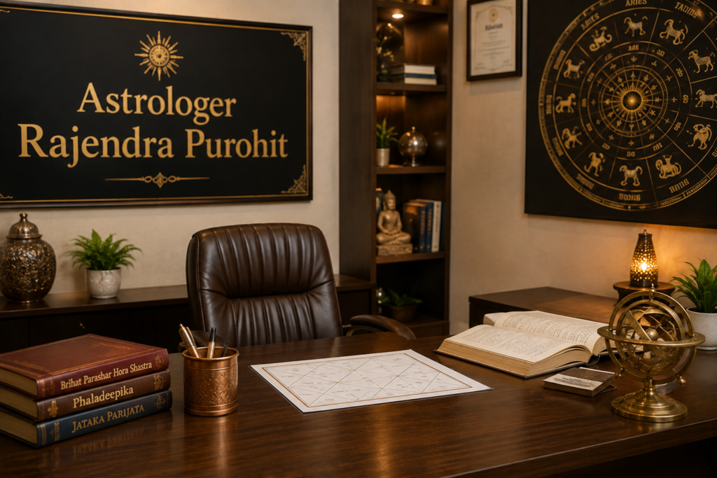 Kundli Matching Astrologer in Jaipur – Pt Rajendra Purohit analyzing birth chart with a couple