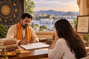 Best Vedic astrologer in Udaipur analyzing horoscope chart with client