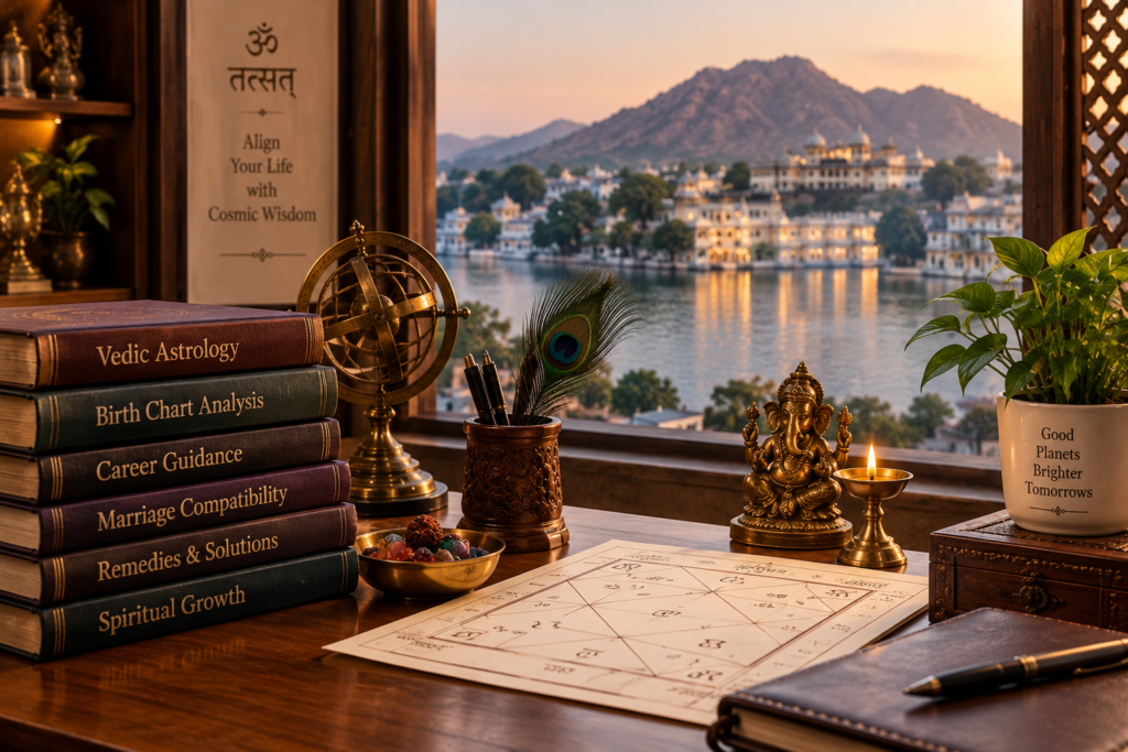 Best Vedic astrologer in Udaipur consultation desk with astrology books, birth chart and Lake Pichola view