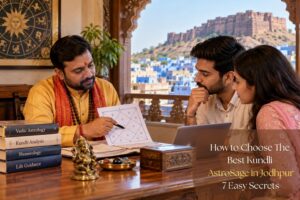 Best Kundli Astrologer in Jodhpur explaining a Kundli chart to a young couple with Mehrangarh Fort view