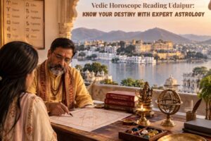 Best Vedic astrologer in Udaipur reading client's birth chart with Lake Pichola view
