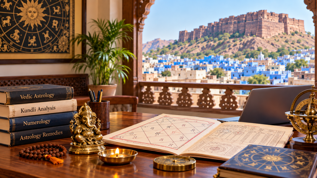 Best Kundli Astrologer in Jodhpur desk with Kundli chart, Vedic astrology books and Mehrangarh Fort view