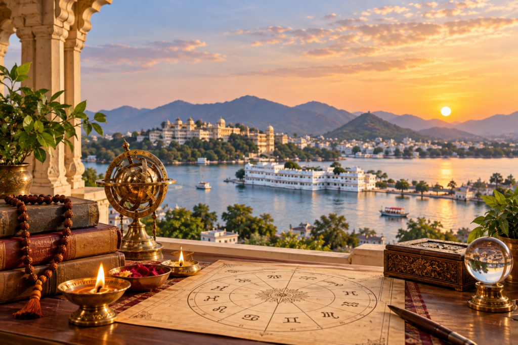 Best Vedic astrologer in Udaipur workspace with birth chart and Lake Pichola view