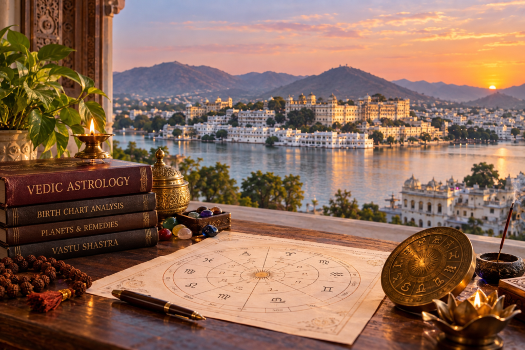 Best Vedic astrologer in Udaipur reading birth chart with Lake Pichola view