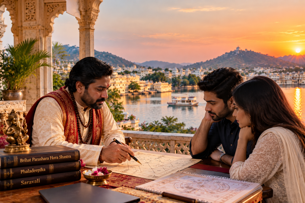Best Kundli Astrologer in Udaipur explaining a birth chart to a couple by the lake at sunset