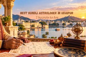 Best Kundli Astrologer in Udaipur: 7 Secrets to Joy, astrologer drawing a Janam Kundli chart with Udaipur lake view